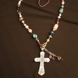 Large Silvertone Cross Necklace with Natural Stone and Crystal Accents, Leather